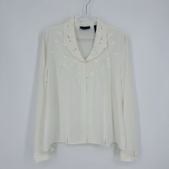 Vintage Karen Scott Button Up Blouse Fancy Collar Embroidered Ivory Womens Large - Picture 4 of 12